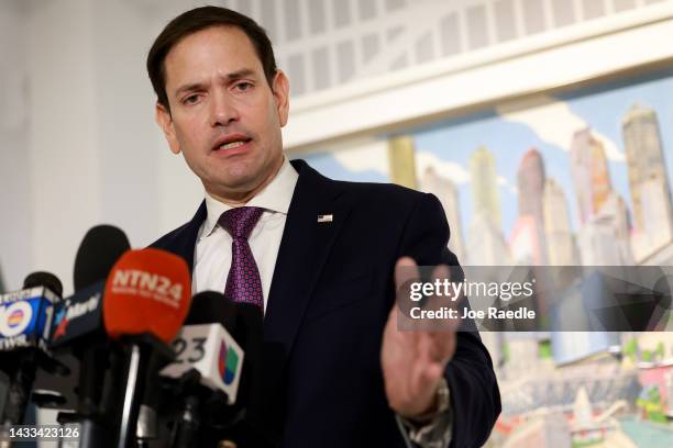 Sen. Marco Rubio holds a press conference after campaigning with Cuban-American leaders at the American Museum of The Cuban Diaspora on October 14,...
