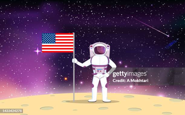 illustrazioni stock, clip art, cartoni animati e icone di tendenza di astronauta americano su un pianeta, sulla luna, su marte... - astronauta bandiera