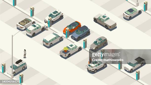 ilustraciones, imágenes clip art, dibujos animados e iconos de stock de ilustración de carga ev - parking lot