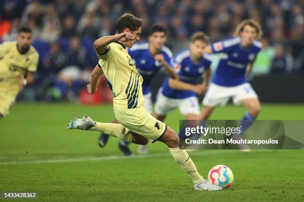 Robert Skov of TSG 1899 Hoffenheim scores their sides first goal from the penalty spot during the Bundesliga match between FC Schalke 04 and TSG...