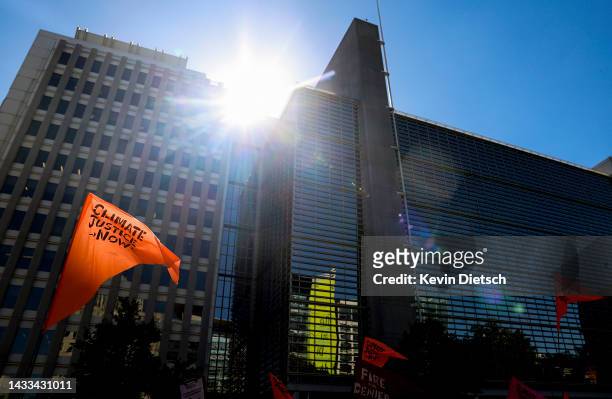Climate activist rally against the use of fossil fuels outside of the World Bank Headquarters on October 14, 2022 in Washington, DC. The group of...
