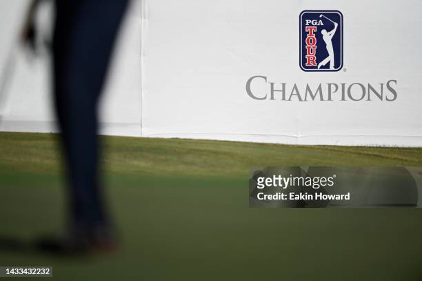 The PGA logo is seen on the 18th during the first round of the SAS Championship at Prestonwood Country Club on October 14, 2022 in Cary, North...