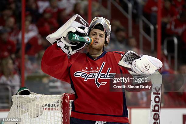 Closeup of Washington Capitals goalie Braden Holtby during game vs Boston Bruins at Verizon Center. Game 6. Washington, DC 4/22/2012 CREDIT: Simon...