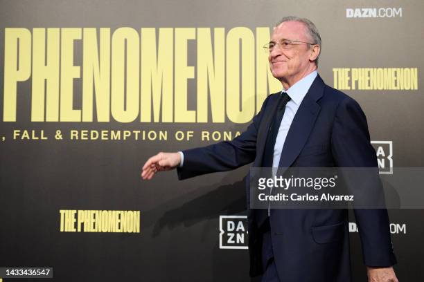 President Florentino Perez of Real Madrid attends the premiere of "The Phenomenon, The Rise, Fall and Redemption of Ronaldo" at the Callao cinema on...