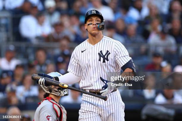 Aaron Judge of the New York Yankees reacts after striking out during the seventh inning against the Cleveland Guardians in game two of the American...