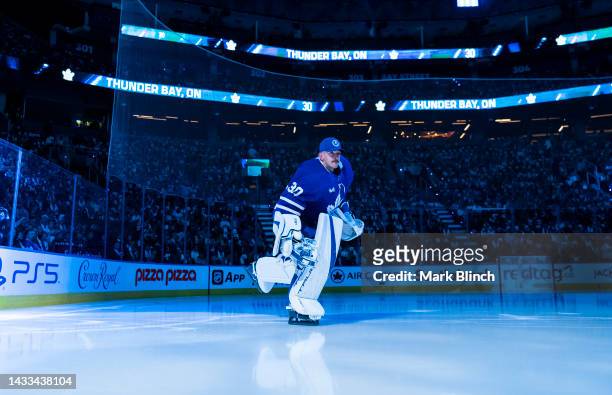 Matt Murray of the Toronto Maple Leafs takes the for player introductions before playing the Washington Capitals in the home opener cermony at the...