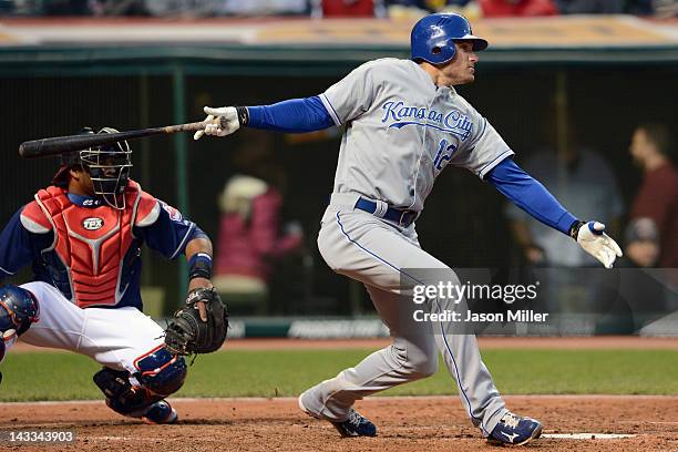 Mitch Maier of the Kansas City Royals hits an RBI single during the fourth inning against the Cleveland Indians at Progressive Field on April 24,...