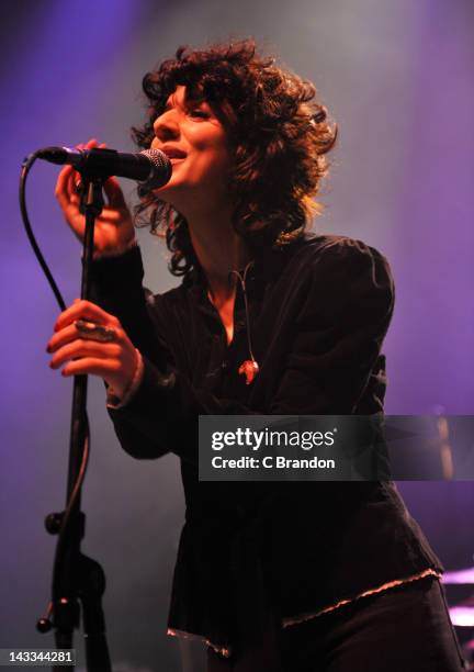 Chloe Alper of Flood performs on stage at Shepherds Bush Empire on April 24, 2012 in London, United Kingdom.