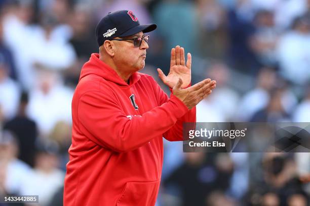 Manager Terry Francona of the Cleveland Guardians makes a pitching change during the eighth inning in game two of the American League Division Series...