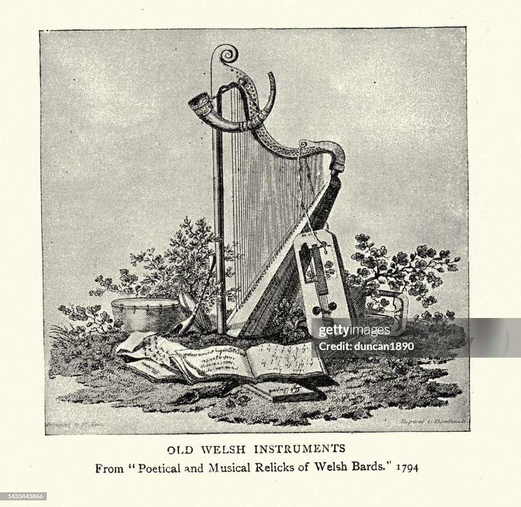 Vintage Illustration Of Old Welsh Musical Instruments Harp Crwth Horn ...