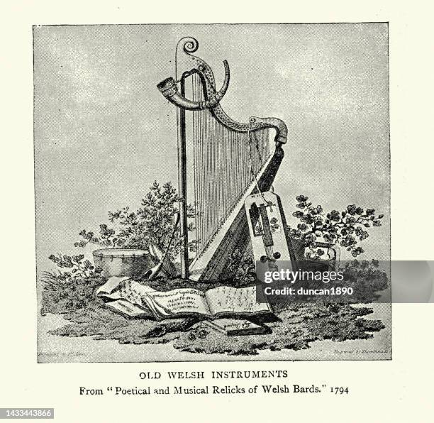 vintage illustration of old welsh musical instruments, harp, crwth, horn, drum - wales stock illustrations