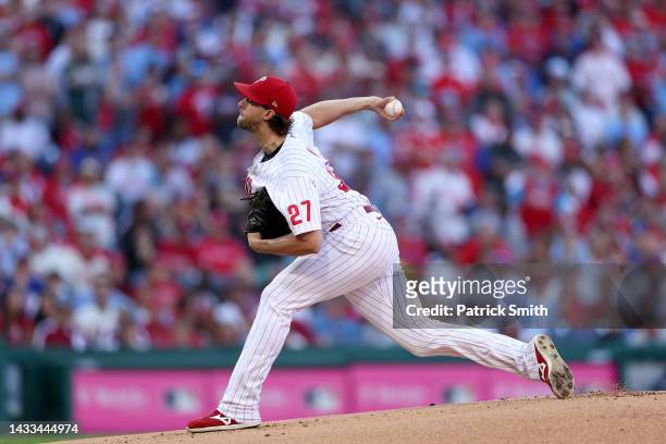 Aaron Nola of the Philadelphia Phillies throws a pitch against the Atlanta Braves during the first inning in game three of the National League...