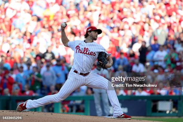 Aaron Nola of the Philadelphia Phillies throws a pitch against the Atlanta Braves during the first inning in game three of the National League...