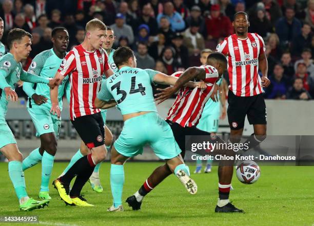 Joel Veltman of Brighton and Hove Albion fouls Ivan Toney of Brentford in the box resulting in a penalty during the Premier League match between...