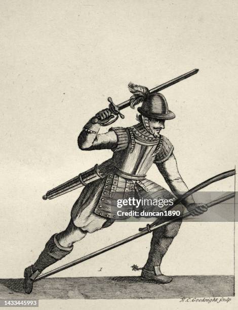 double-armed infantry soldier, sword and pike, history of warfare, 17th century weapons ad armour - fighting stance stock illustrations