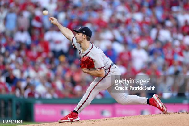 Spencer Strider of the Atlanta Braves throws a pitch against the Philadelphia Phillies during the first inning in game three of the National League...