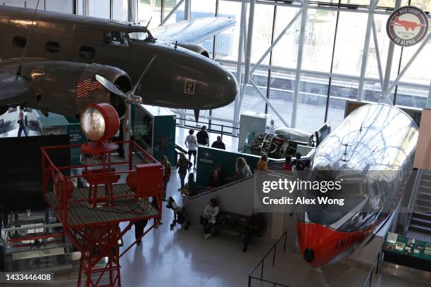Aircrafts are on display at The Smithsonian National Air and Space Museum on its reopening on October 14, 2022 in Washington, DC. The museum reopened...