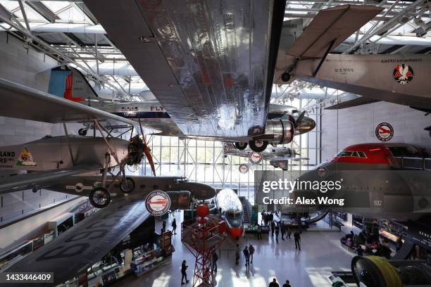 Aircrafts are on display at The Smithsonian National Air and Space Museum on its reopening on October 14, 2022 in Washington, DC. The museum reopened...