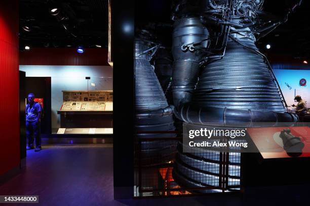 An F-1 rocket engine is on disp at the “Destination Moon” exhibit at The Smithsonian National Air and Space Museum on its reopening on October 14,...