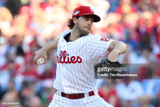 Aaron Nola of the Philadelphia Phillies throws a pitch against the Atlanta Braves during the second inning in game three of the National League...
