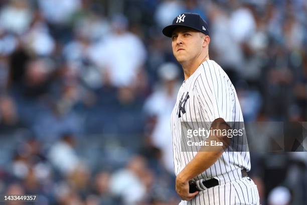 Jameson Taillon of the New York Yankees leaves the game during the tenth inning against the Cleveland Guardians in game two of the American League...