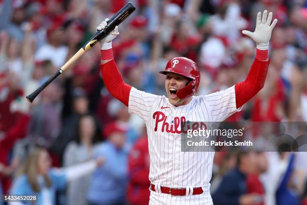 Rhys Hoskins of the Philadelphia Phillies celebrates after hitting a three-run home run against Spencer Strider of the Atlanta Braves during the...
