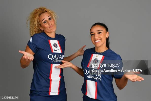 Kheira Hamraoui and Sakina Karchaoui of Paris Saint-Germain poses for a photo during the Paris Saint-Germain UEFA Women's Champions League Portrait...