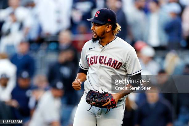 Emmanuel Clase of the Cleveland Guardians celebrates defeating the New York Yankees 4-2 in ten innings in game two of the American League Division...