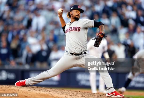 Emmanuel Clase of the Cleveland Guardians pitches during the tenth inning against the New York Yankees in game two of the American League Division...