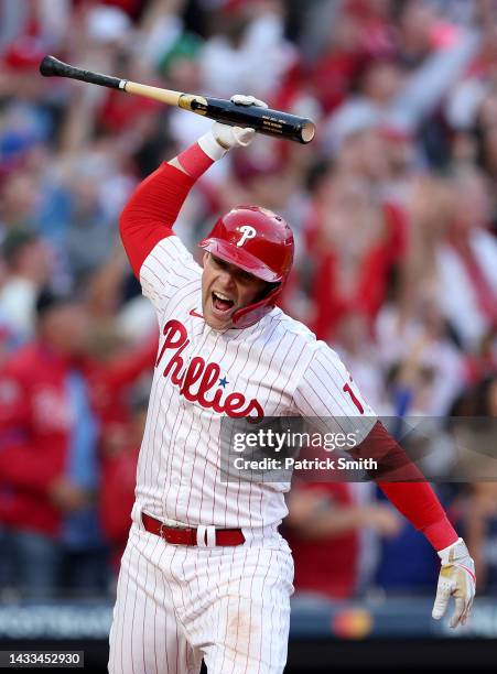 Rhys Hoskins of the Philadelphia Phillies celebrates after hitting a three-run home run against Spencer Strider of the Atlanta Braves during the...