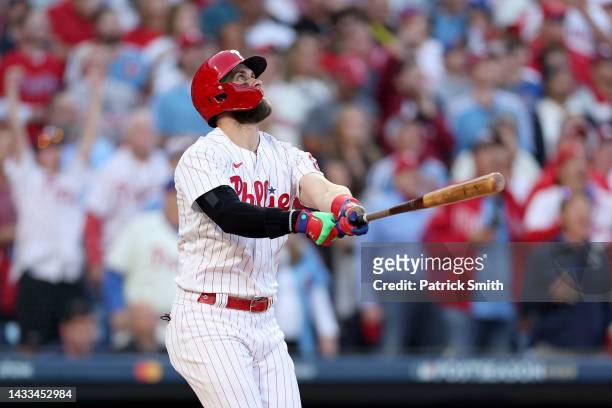 Bryce Harper of the Philadelphia Phillies hits a two run home run against the Atlanta Braves during the third inning in game three of the National...