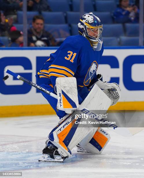 Eric Comrie of the Buffalo Sabres before the game against the Ottawa Senators at KeyBank Center on October 13, 2022 in Buffalo, New York.