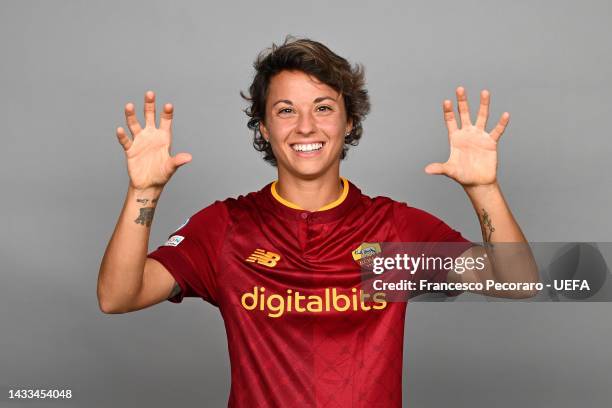 Valentina Giacinti of AS Roma poses for a photo during the AS Roma UEFA Women's Champions League Portrait session on October 13, 2022 in Rome, Italy.