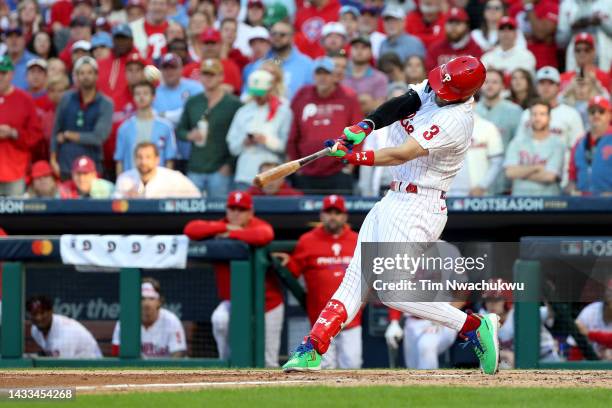 Bryce Harper of the Philadelphia Phillies hits a two run home run against the Atlanta Braves during the third inning in game three of the National...