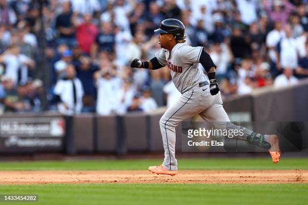 Jose Ramirez of the Cleveland Guardians runs after hitting a double during the tenth inning in game two of the American League Division Series...