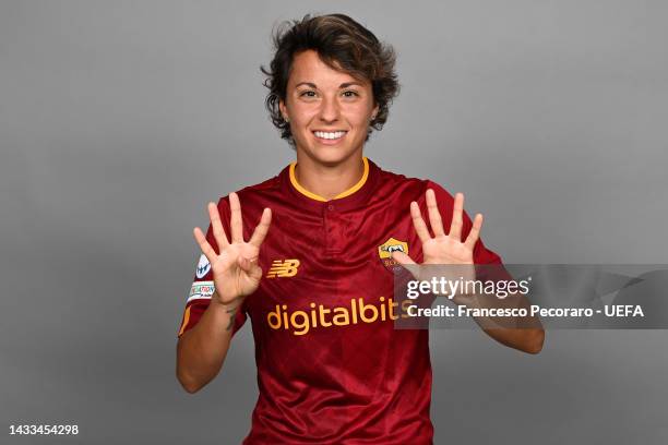 Valentina Giacinti of AS Roma poses for a photo during the AS Roma UEFA Women's Champions League Portrait session on October 13, 2022 in Rome, Italy.