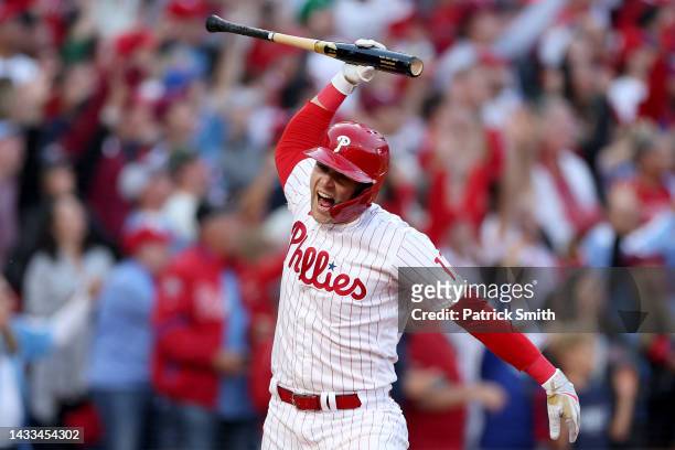 Rhys Hoskins of the Philadelphia Phillies celebrates after hitting a three run home run against Spencer Strider of the Atlanta Braves during the...