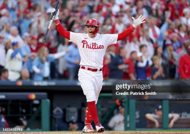 Rhys Hoskins of the Philadelphia Phillies celebrates after hitting a three run home run against Spencer Strider of the Atlanta Braves during the...