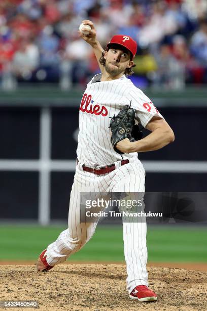 Aaron Nola of the Philadelphia Phillies throws a pitch against the Atlanta Braves during the sixth inning in game three of the National League...