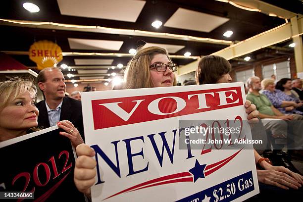 Supporters watch as Republican presidential candidate, former Speaker of the House Newt Gingrich speaks during a primary night gathering at the...