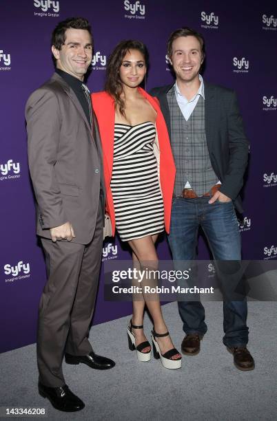 Sam Witwer, Meaghan and Sam Huntington attend the Syfy 2012 Upfront event at the American Museum of Natural History on April 24, 2012 in New York...