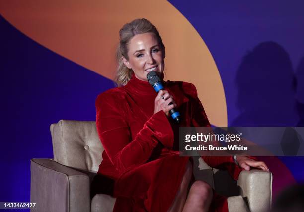 Lizzie Jones speaks during the Rugby League World Cup 2021 Gala Dinner on October 14, 2022 in Newcastle upon Tyne, England.