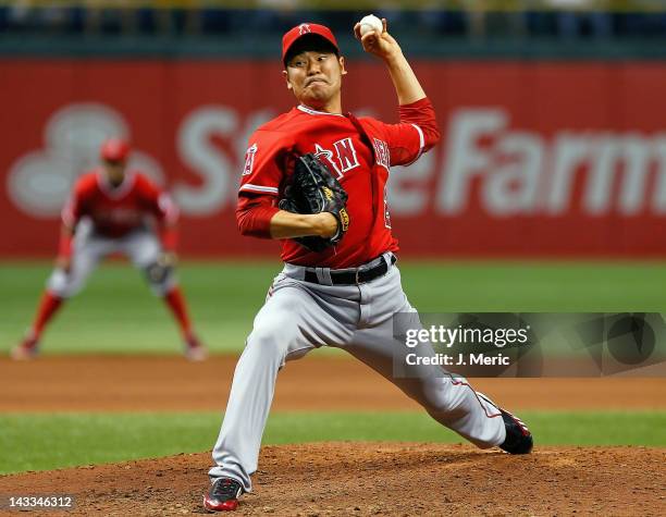 Pitcher Hisanori Takahashi of the Los Angeles Angels of Anaheim pitches against the Tampa Bay Rays during the game at Tropicana Field on April 24,...