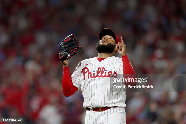 Jose Alvarado of the Philadelphia Phillies reacts as he walks back to the dugout after closing out the top of the seventh inning against the Atlanta...