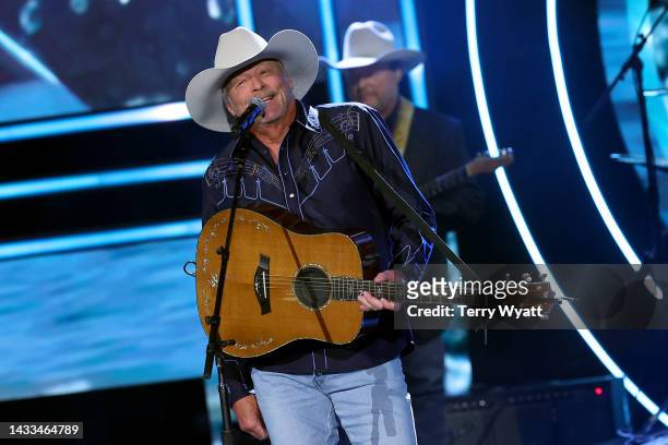 In this photo released on October 14 Alan Jackson performs onstage during the 2022 CMT Artists of the Year at Schermerhorn Symphony Center on October...