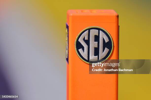 The SEC logo is pictured during a game between the LSU Tigers and the Tennessee Volunteers at Tiger Stadium on October 08, 2022 in Baton Rouge,...