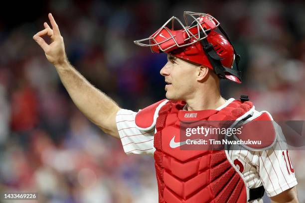 Realmuto of the Philadelphia Phillies reacts against the Atlanta Braves during the ninth inning in game three of the National League Division Series...