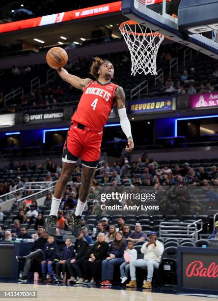Jalen Green of the Houston Rockets shoots the ballagainst the Indiana Pacers at Gainbridge Fieldhouse on October 14, 2022 in Indianapolis, Indiana....