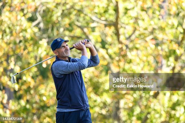 Rocco Mediate plays his shot from the third tee box during the first round of the SAS Championship at Prestonwood Country Club on October 14, 2022 in...