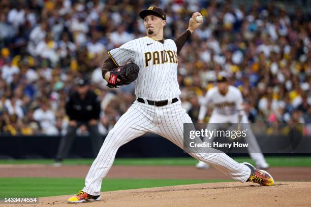 Blake Snell of the San Diego Padres delivers a pitch against the Los Angeles Dodgers during the first inning in game three of the National League...